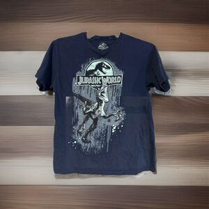 Jurassic World Raptor Blue Youth Medium Graphic Tee Navy Dinosaur T-Shirt
